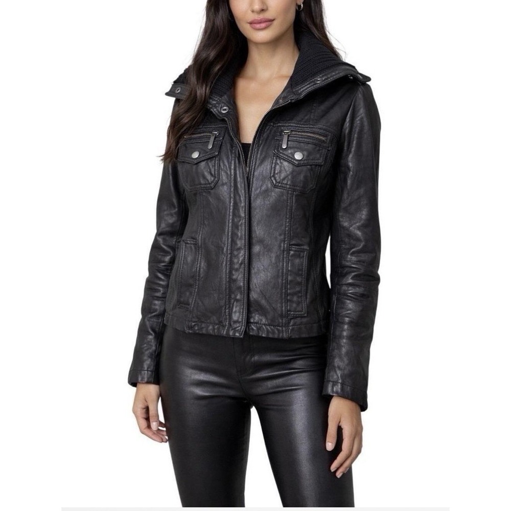MICHAEL KORS‎ Black Leather Moto L Jacket Women's Ribbed Knit Collar Utility Y2K